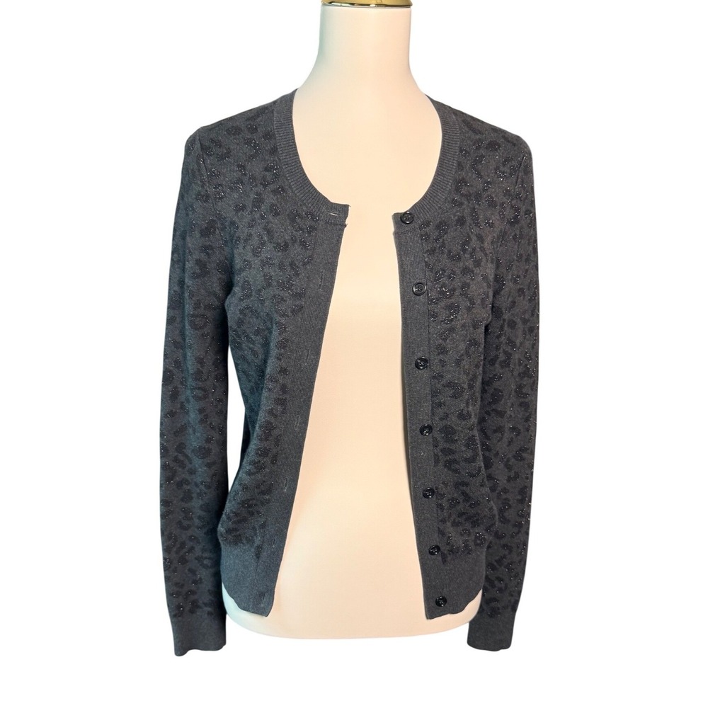 Ann Taylor LOFT Gray Leopard Print Metallic Shimmer Button Cardigan Sweater S